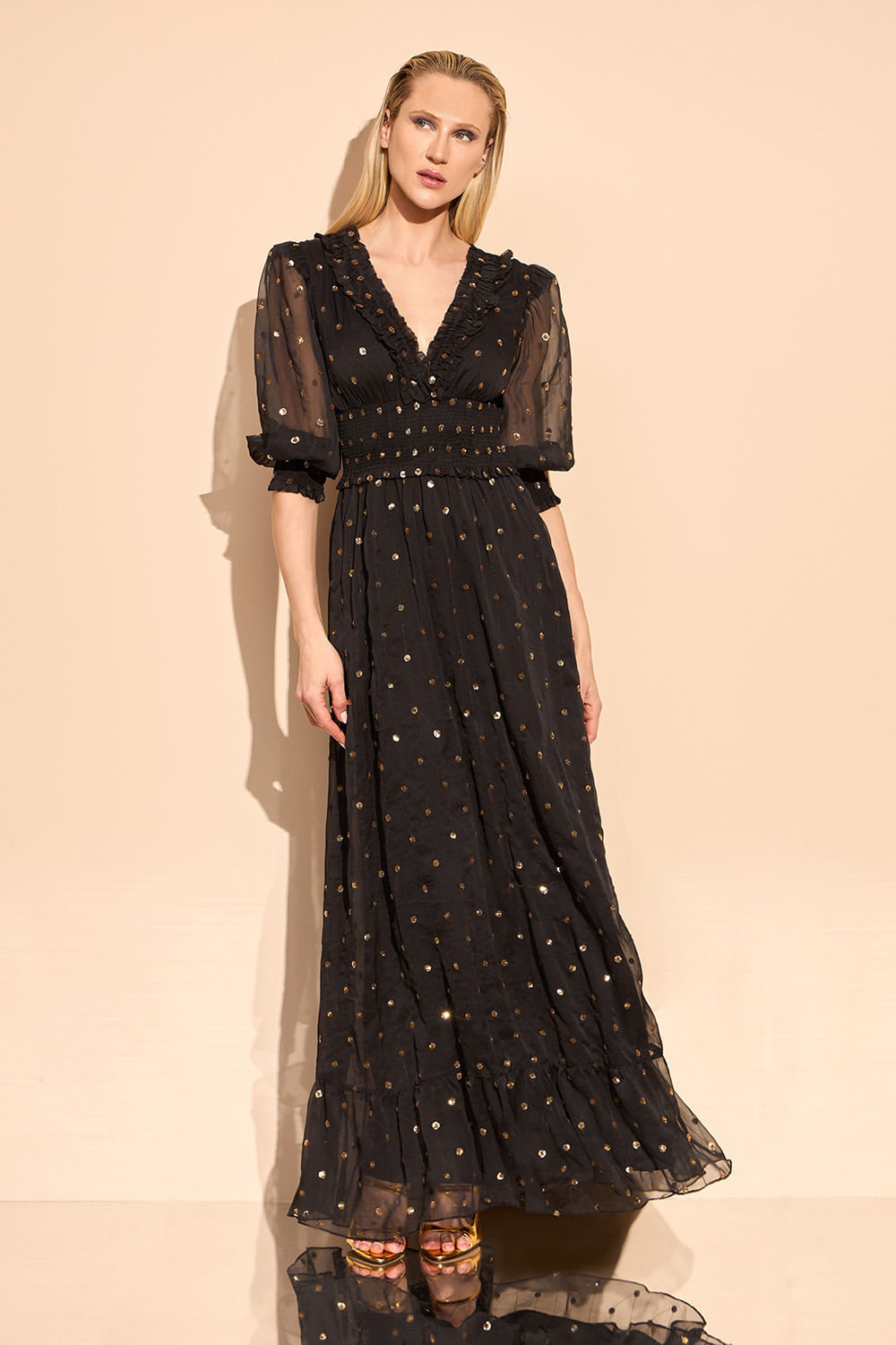 VESTIDO LONGO DETALHE FRANZIDO